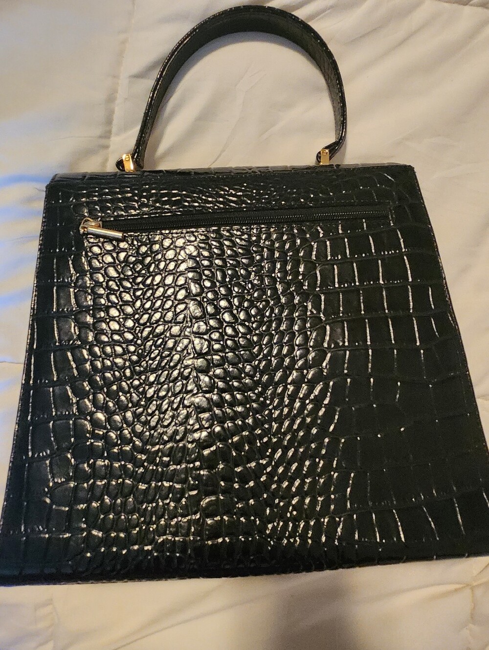 Large Glossy Black Croc-Embossed Top-Handle Bag - Picture 2 of 13